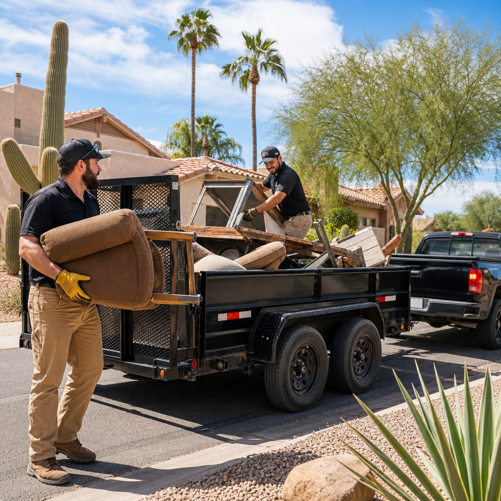 Bright orange junk removal truck with a crew loading furniture in a sunny Tucson neighborhood