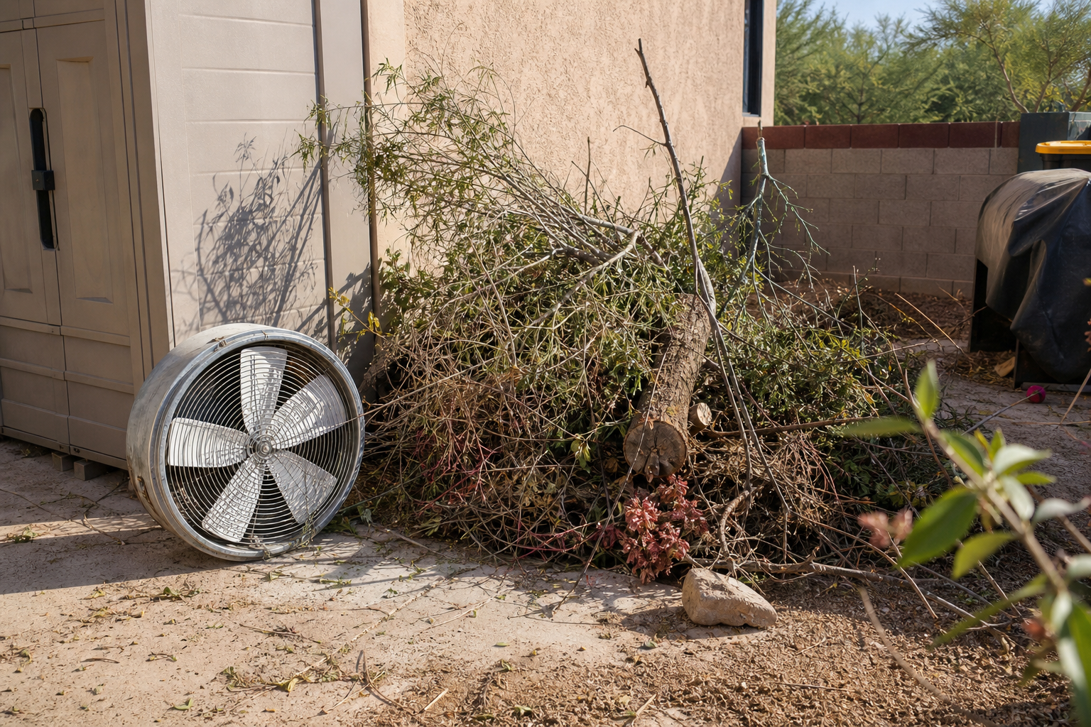 Patio or yard debris cleanup with a pile of branches and yard waste plus a detached fan beside a shed wall in warm Tucson daylight.