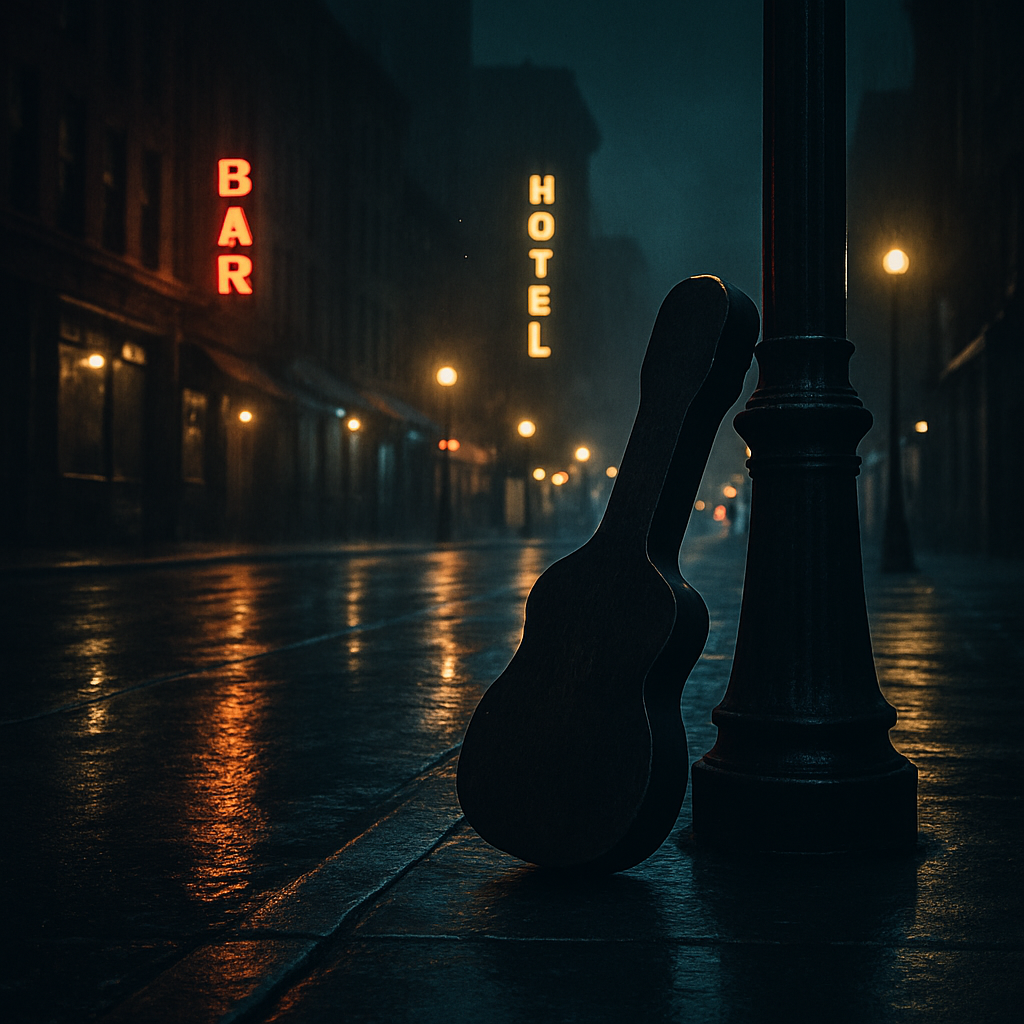 A nighttime city street with wet pavement reflecting neon signs and a vintage guitar case leaning against a lamppost