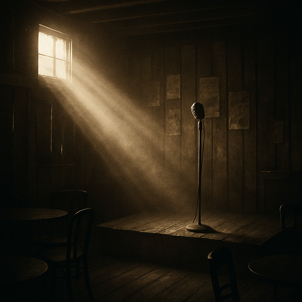 A sepia-toned view of a Mississippi Delta juke joint interior with a wooden stage, a single microphone, and dusty light rays