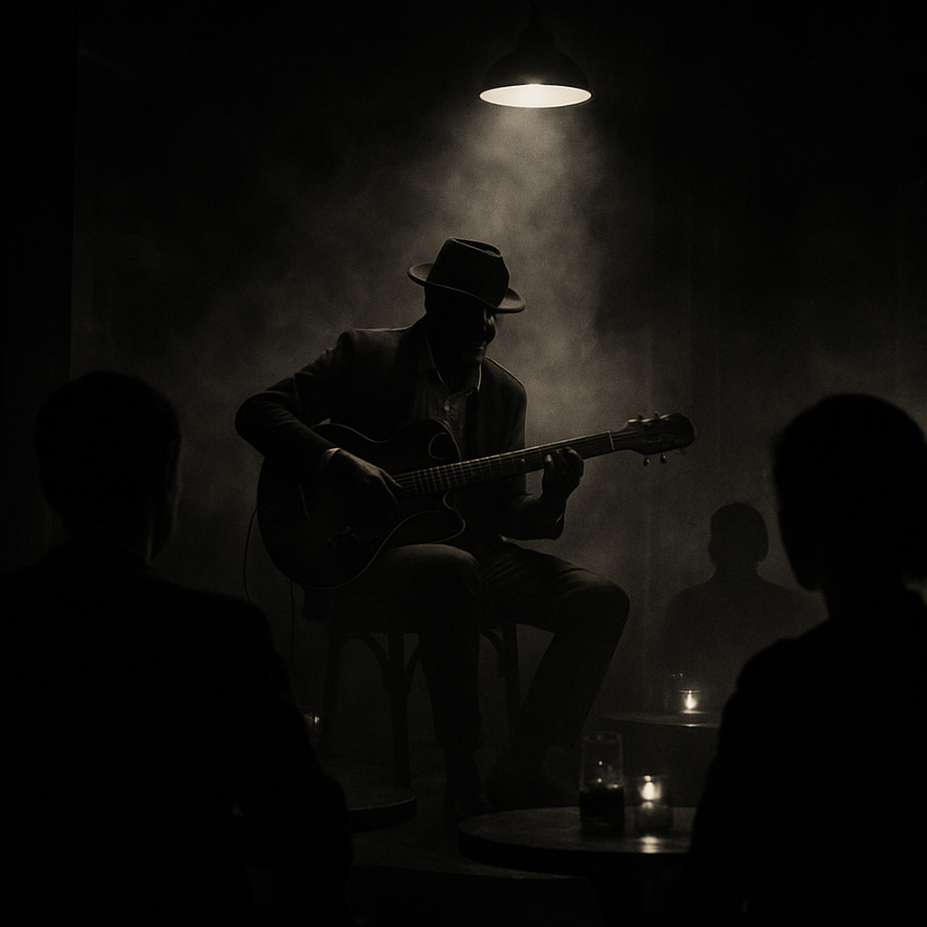 A smoky jazz club scene with a spotlighted guitarist on a small stage and silhouettes of listeners