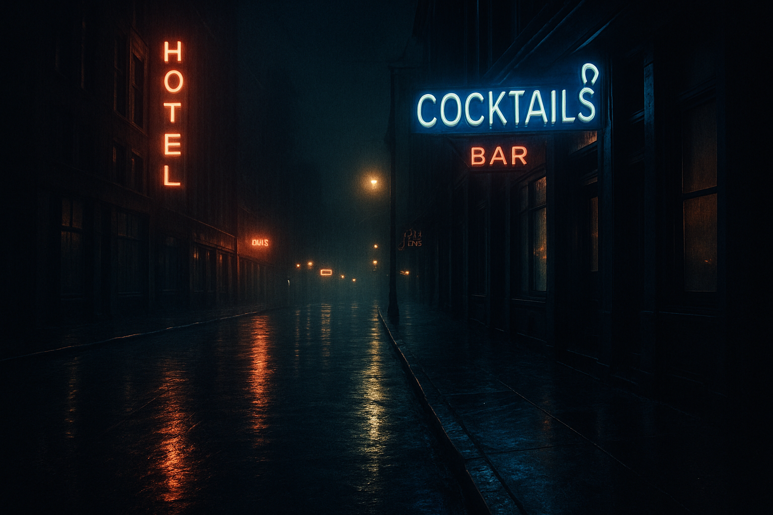 Rain-soaked midnight streets with neon reflections
