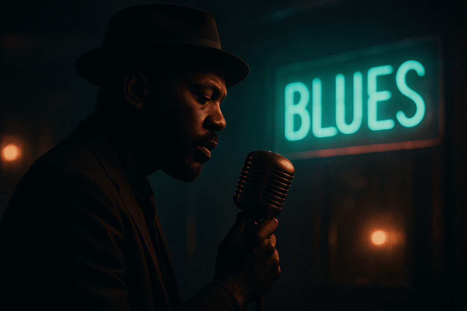 Soulful performer beside a glowing neon sign
