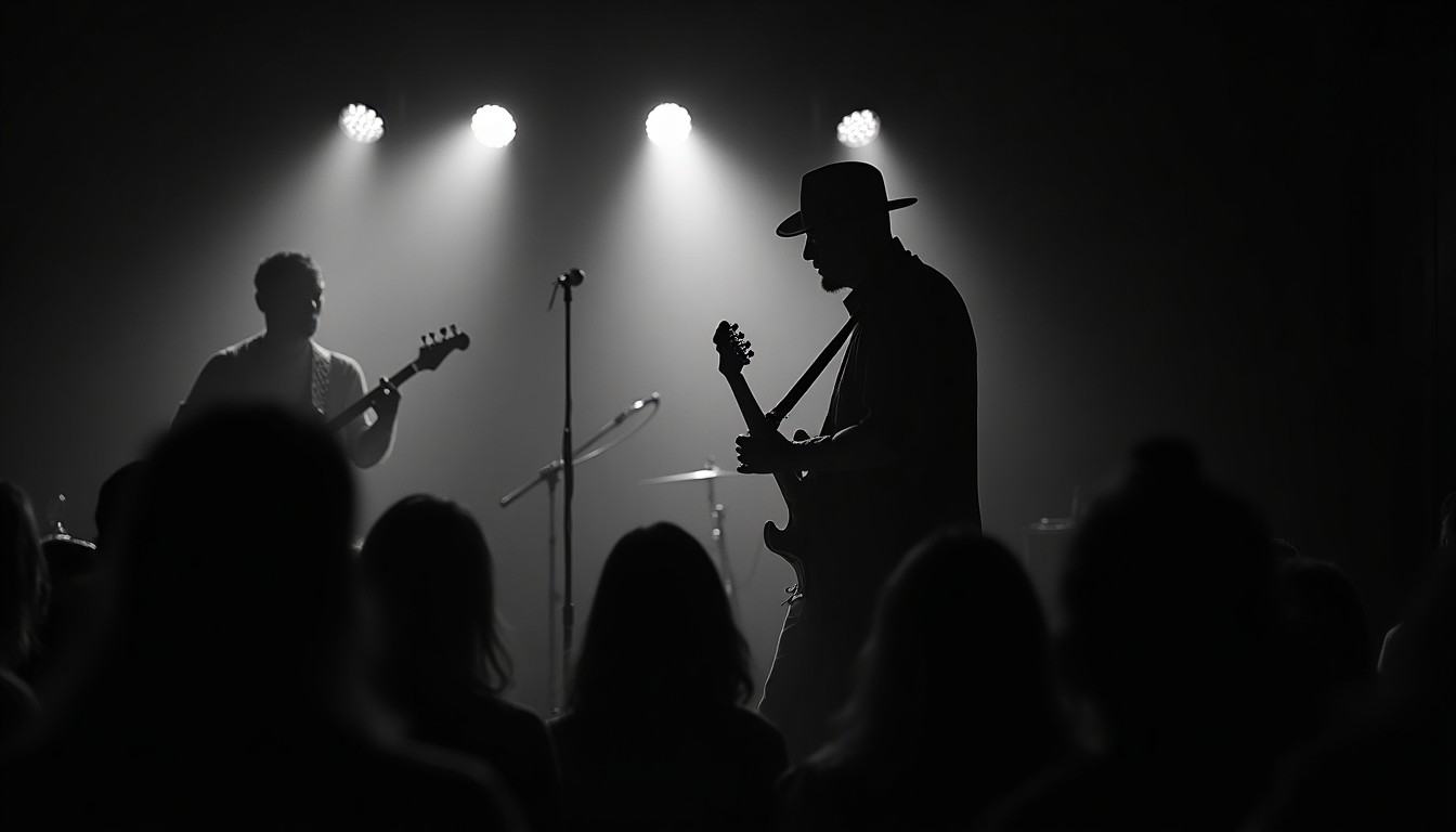 Moody black-and-white scene of a guitarist performing in a smoky late-night club with dim stage lights