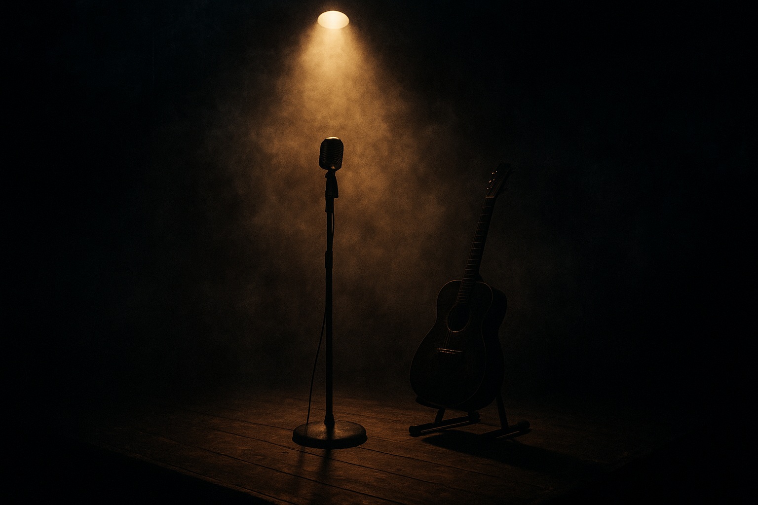 Smoky blues club stage with a spotlight cutting through haze, silhouetted microphone and guitar stand