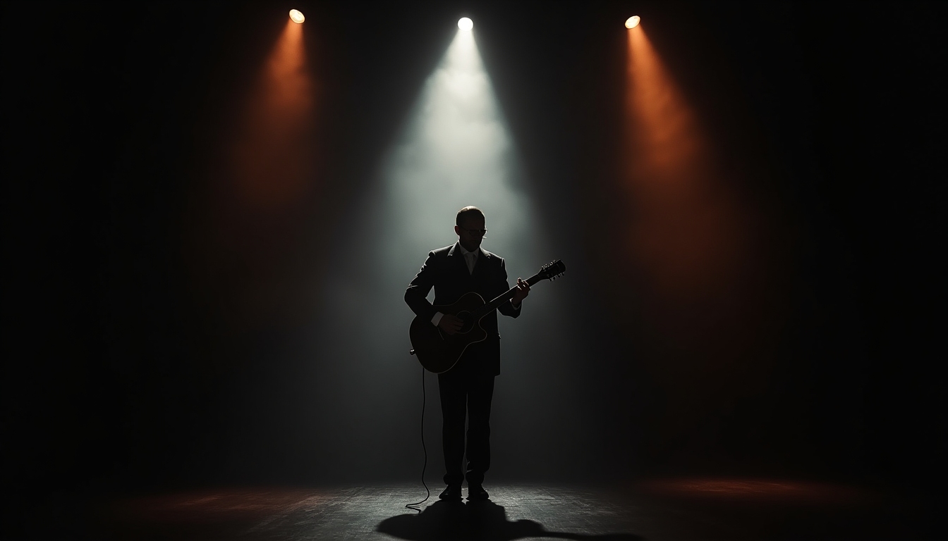 A solitary blues performer under a narrow stage spotlight