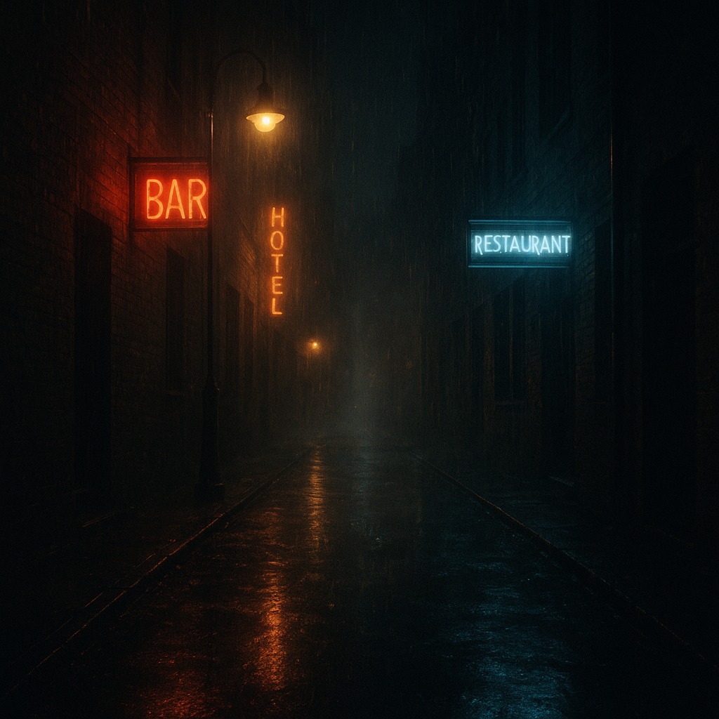 Rain-soaked city alley at night with neon glow reflecting on wet pavement and faint mist
