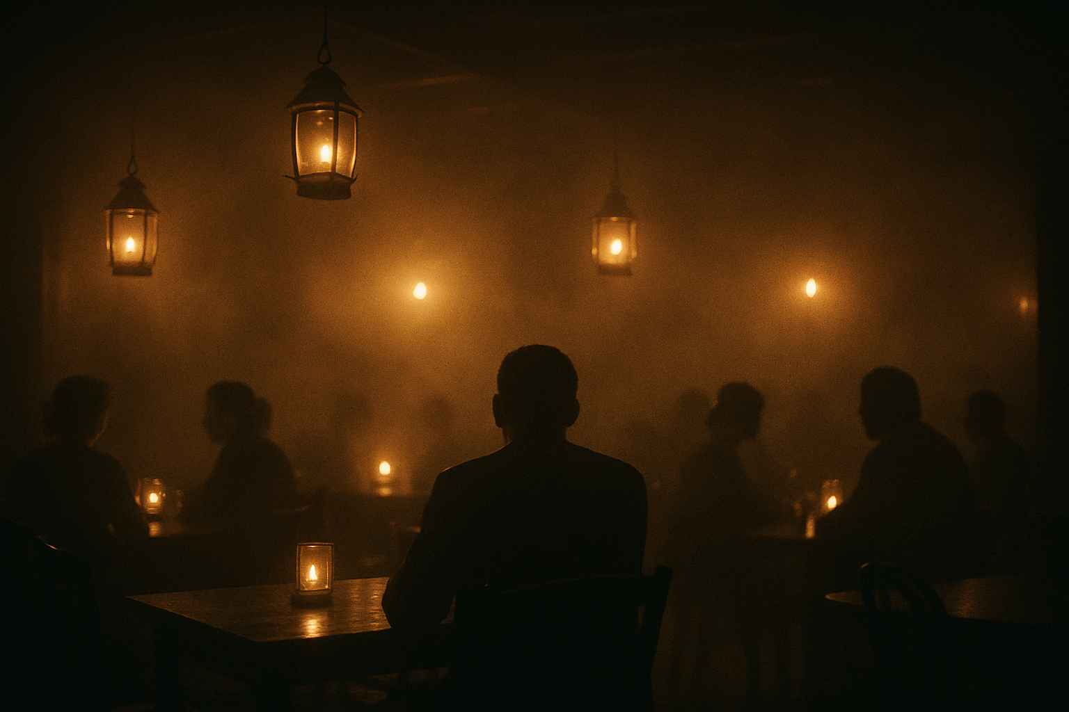 Smoke-filled blues club with dim lanterns