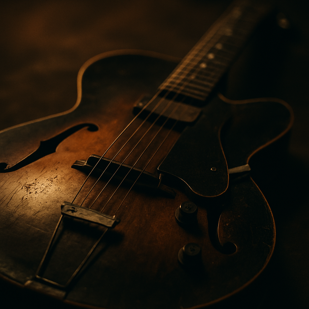 Close-up of a worn vintage guitar under warm light