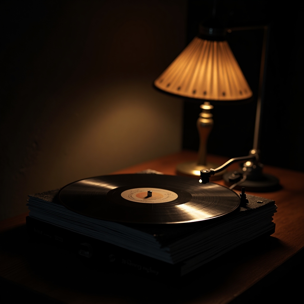 A stack of worn vinyl records lit by a moody desk lamp