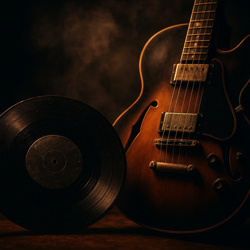 Close-up of a worn vinyl record beside a mahogany hollow-body guitar under warm stage light