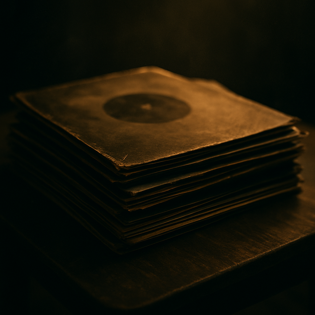 Stack of vintage vinyl records on a wooden table