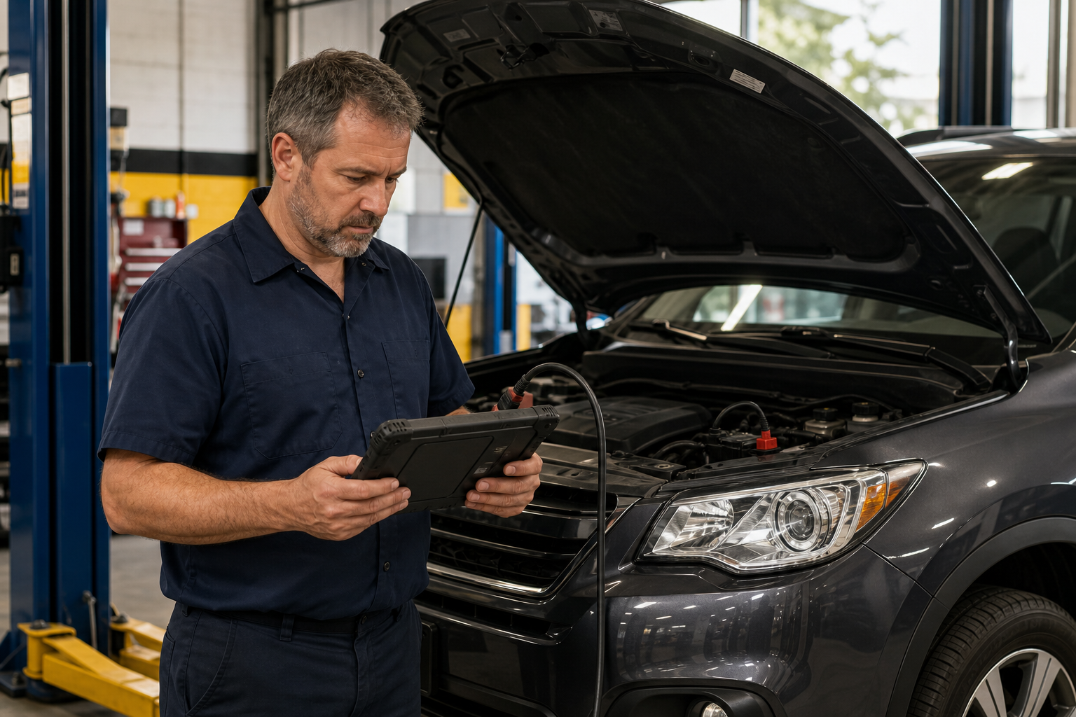 Experienced mechanic using a diagnostic tablet beside a dark gray SUV in service