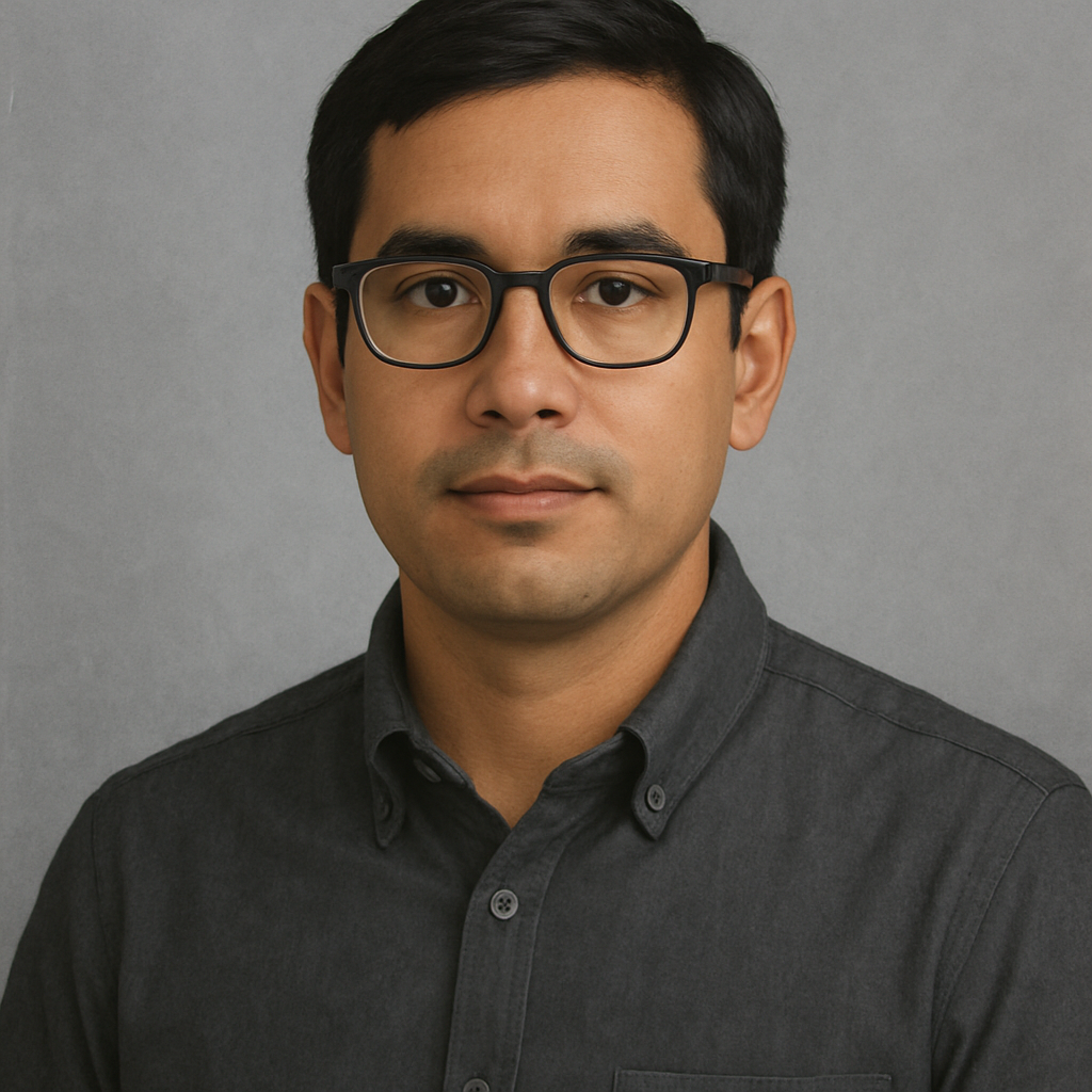Professional portrait of Daniel Cho, a man in his thirties with straight black hair and rectangular glasses, wearing a charcoal shirt in soft daylight
