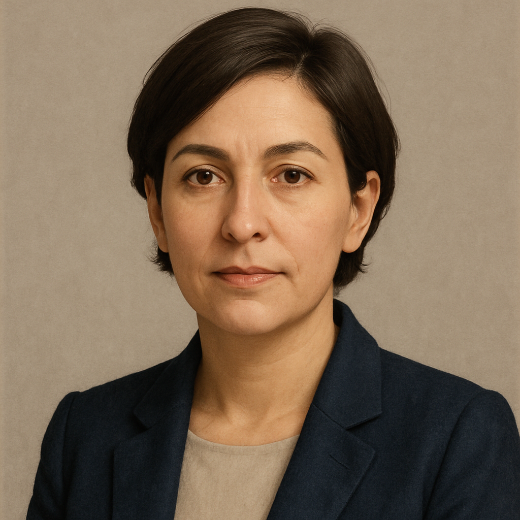 Professional portrait of Maya Bennett, a woman in her forties with short dark brown hair, wearing a navy blazer against a neutral studio background