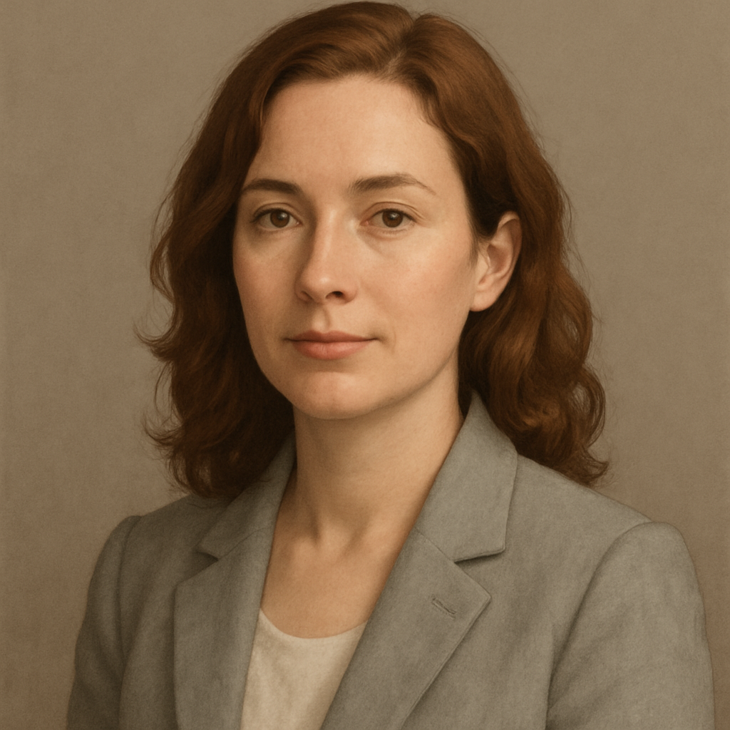 Professional portrait of Alana Ruiz, a woman in her thirties with wavy auburn hair, wearing a light gray blazer on a muted background