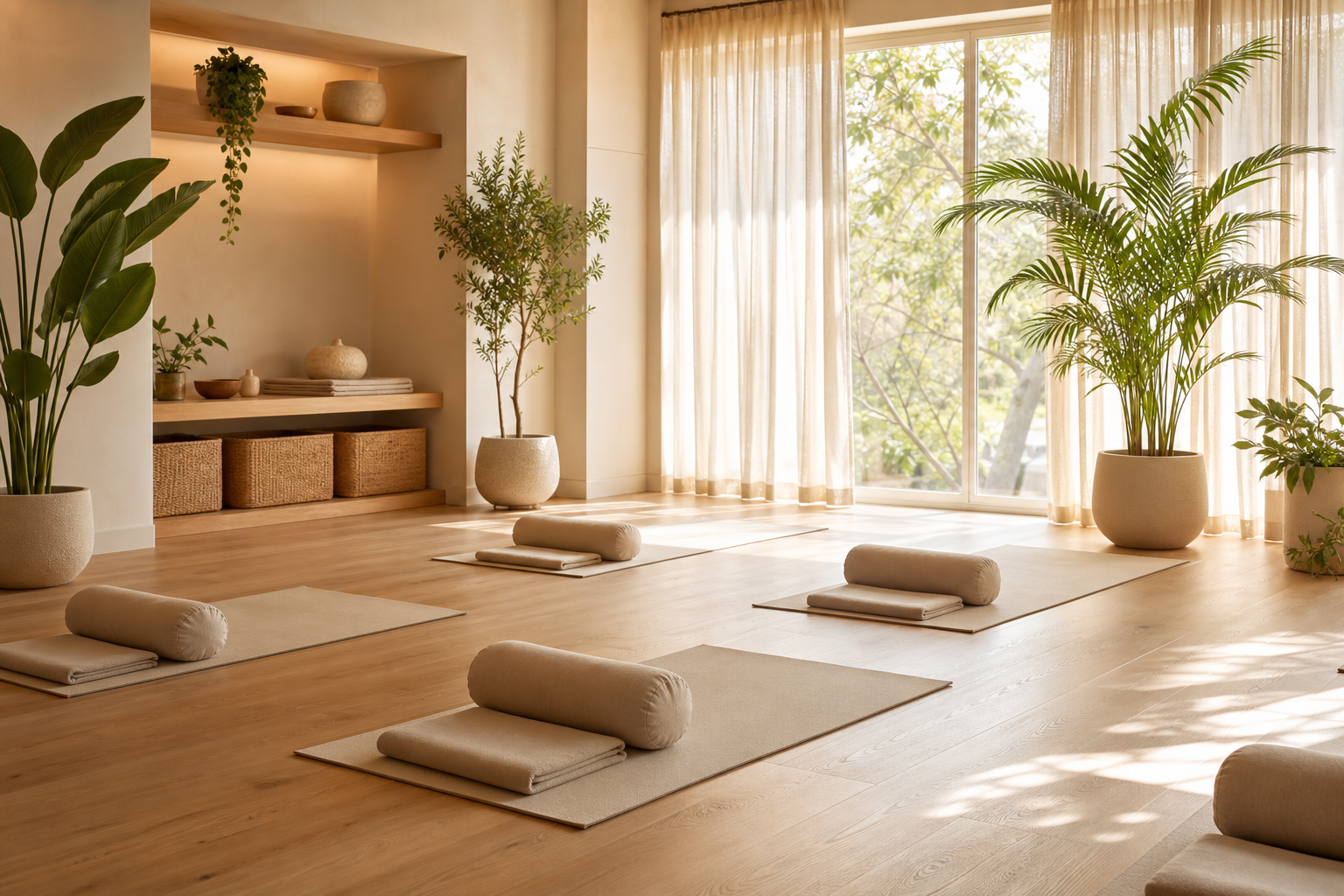 Sunlit wellness studio with light wood floors, soft neutral mats, and a few green plants creating a calm, airy atmosphere