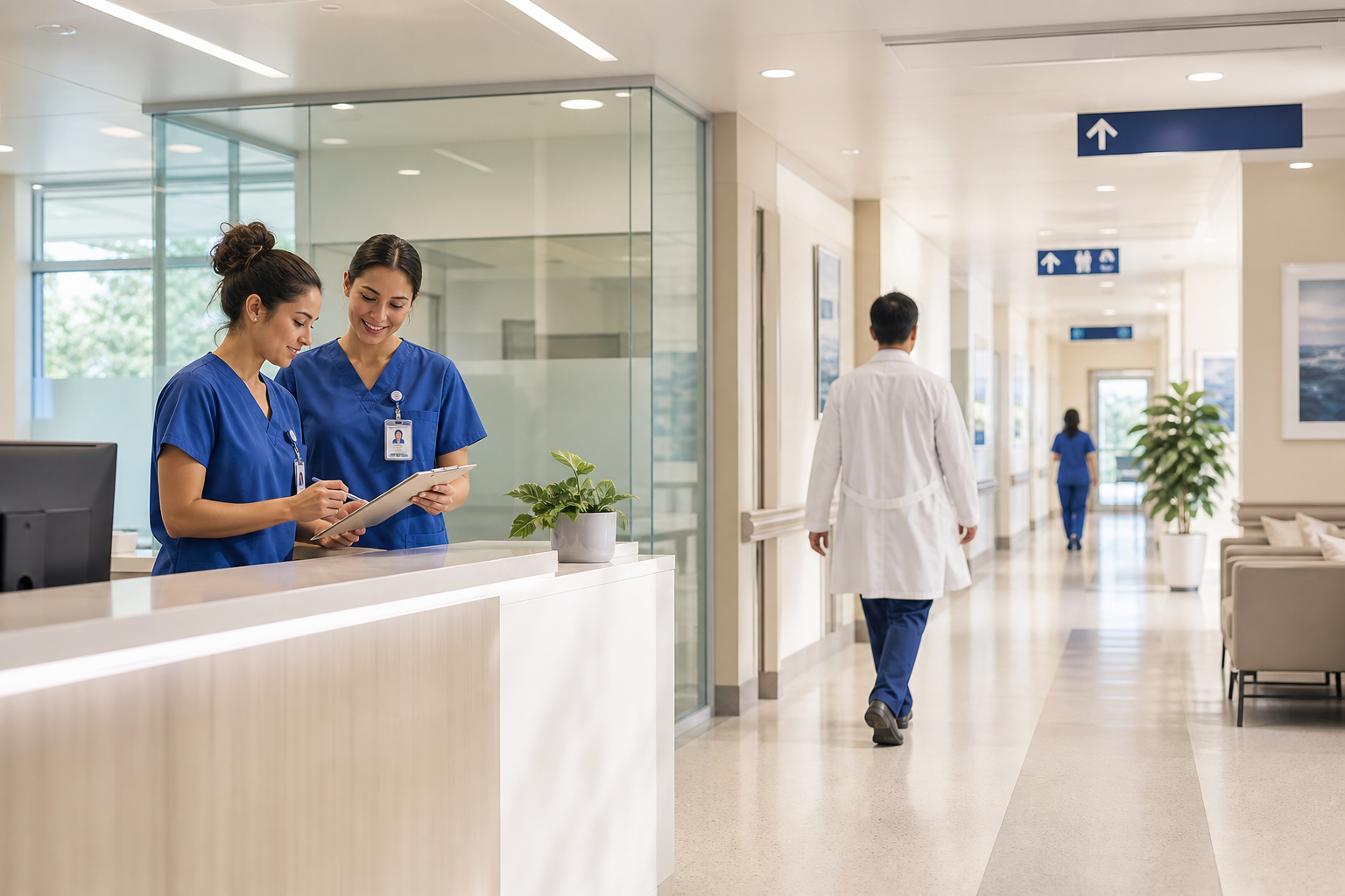 Bright modern hospital corridor with nurses consulting at a workstation and clear wayfinding signage
