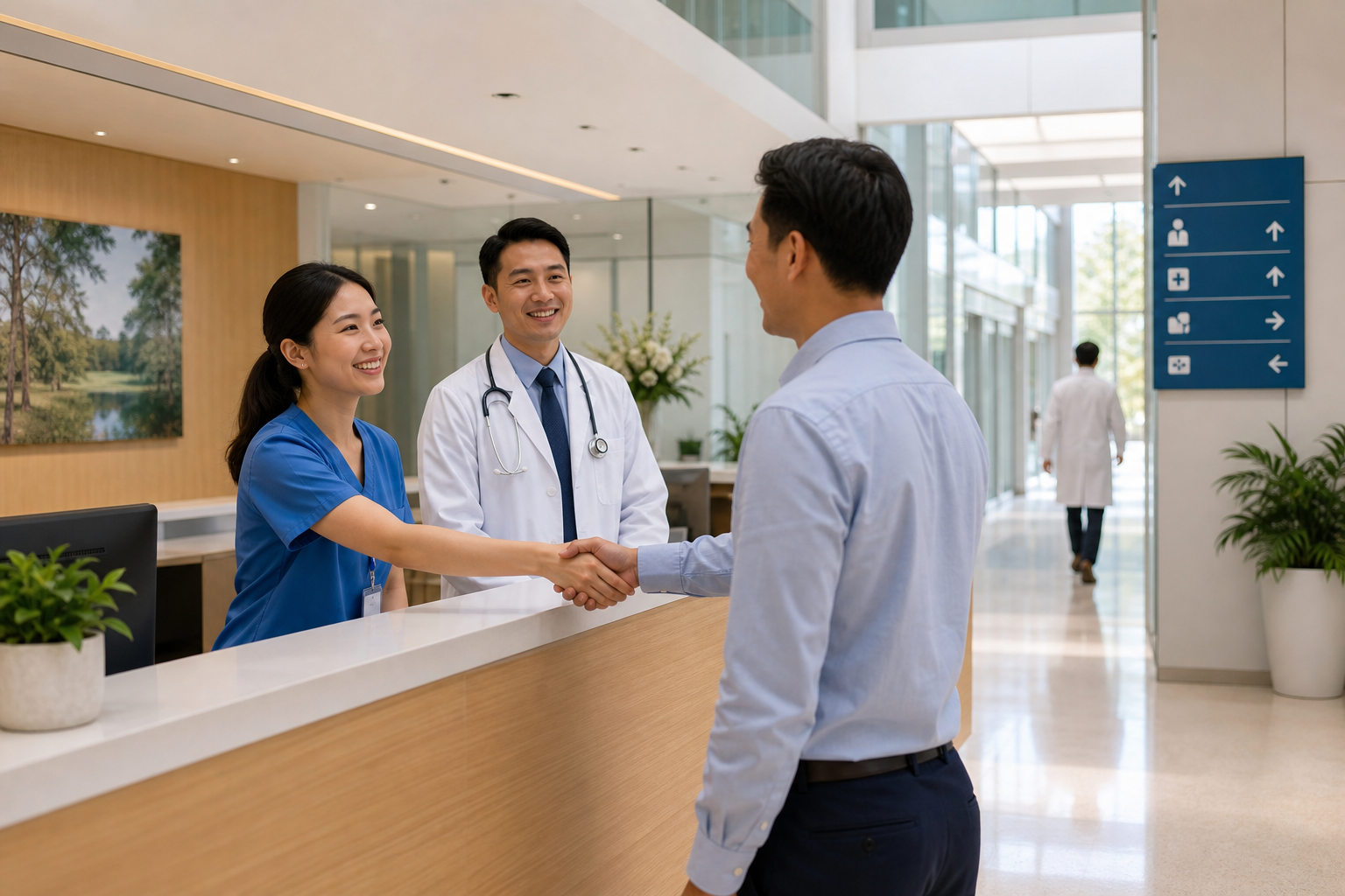 Bright modern hospital reception with compassionate medical staff welcoming a patient
