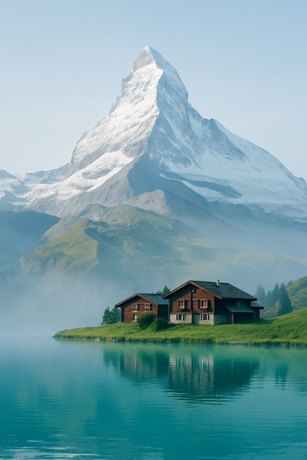 Snow-capped Alpine peak above a turquoise lake and a wooden chalet village in crisp morning light