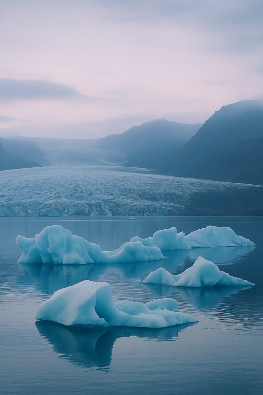 Icebergs drifting in Jökulsárlón glacier lagoon at soft blue dawn with a glacier tongue and misty mountains behind