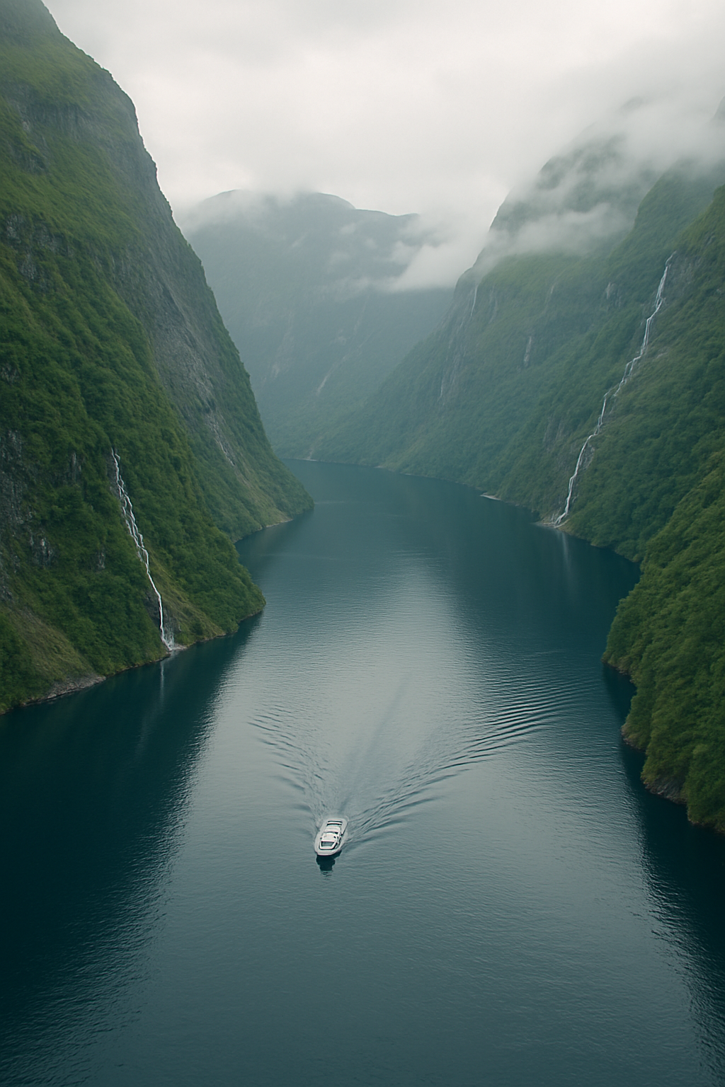 Narrow Norwegian fjord with steep green cliffs, still dark water and a small white boat under soft overcast light