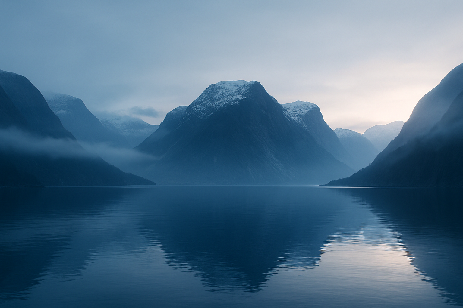 Expansive misty Norwegian fjord at dawn with layered snow-dusted mountains, still reflective water and soft cool light breaking through low clouds