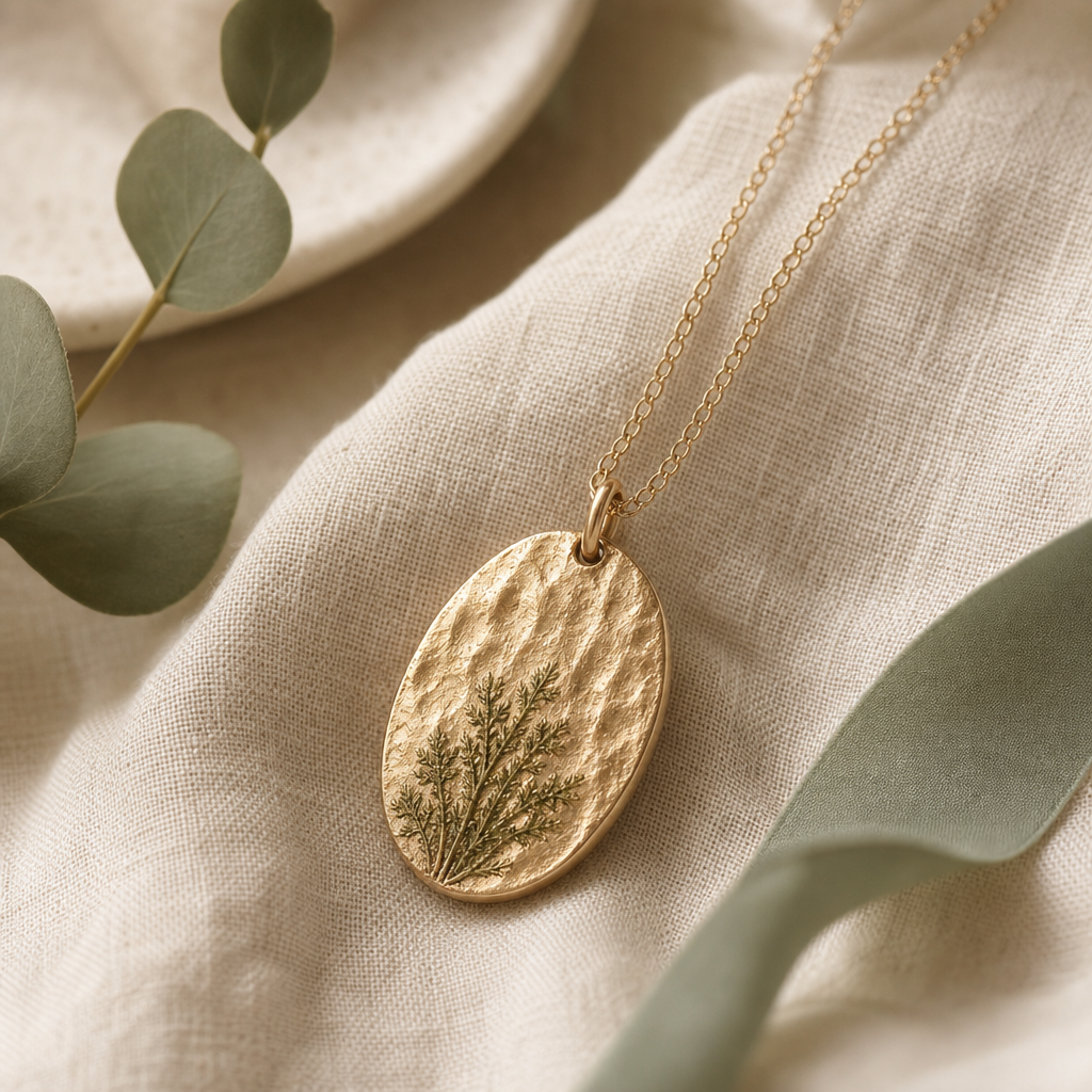 Oval pendant necklace with organic hand-textured surface.
