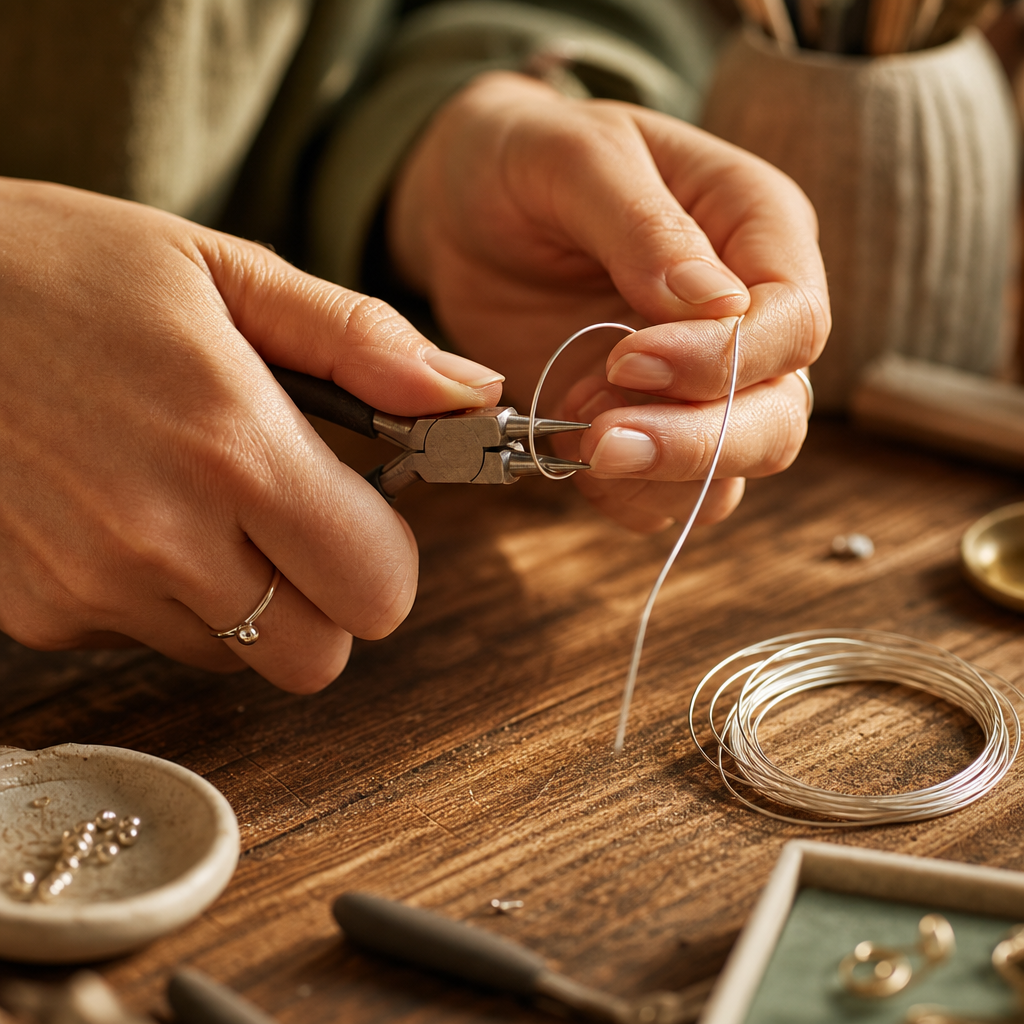 Macro photo of artisan hands shaping a strand of sterling silver wire with jewelry pliers on a wooden workbench
