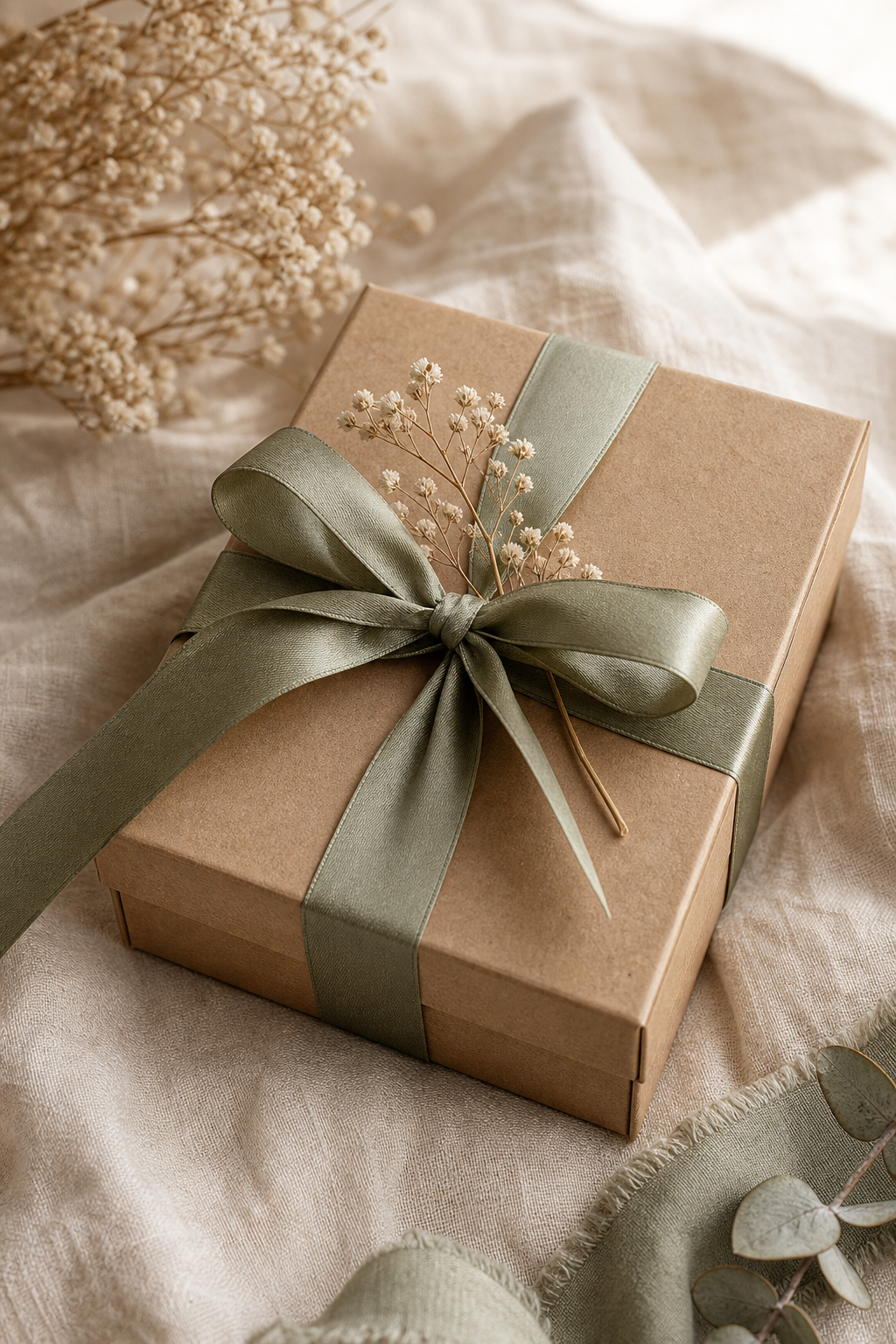 Kraft gift box tied with a sage green ribbon and dried flowers resting on a linen surface