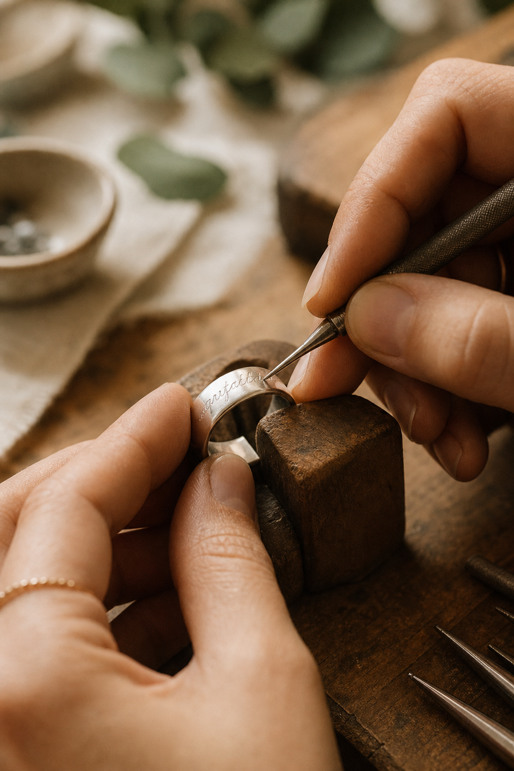 Artisan hand-engraving fine cursive lettering onto a sterling silver ring band with a fine steel tool