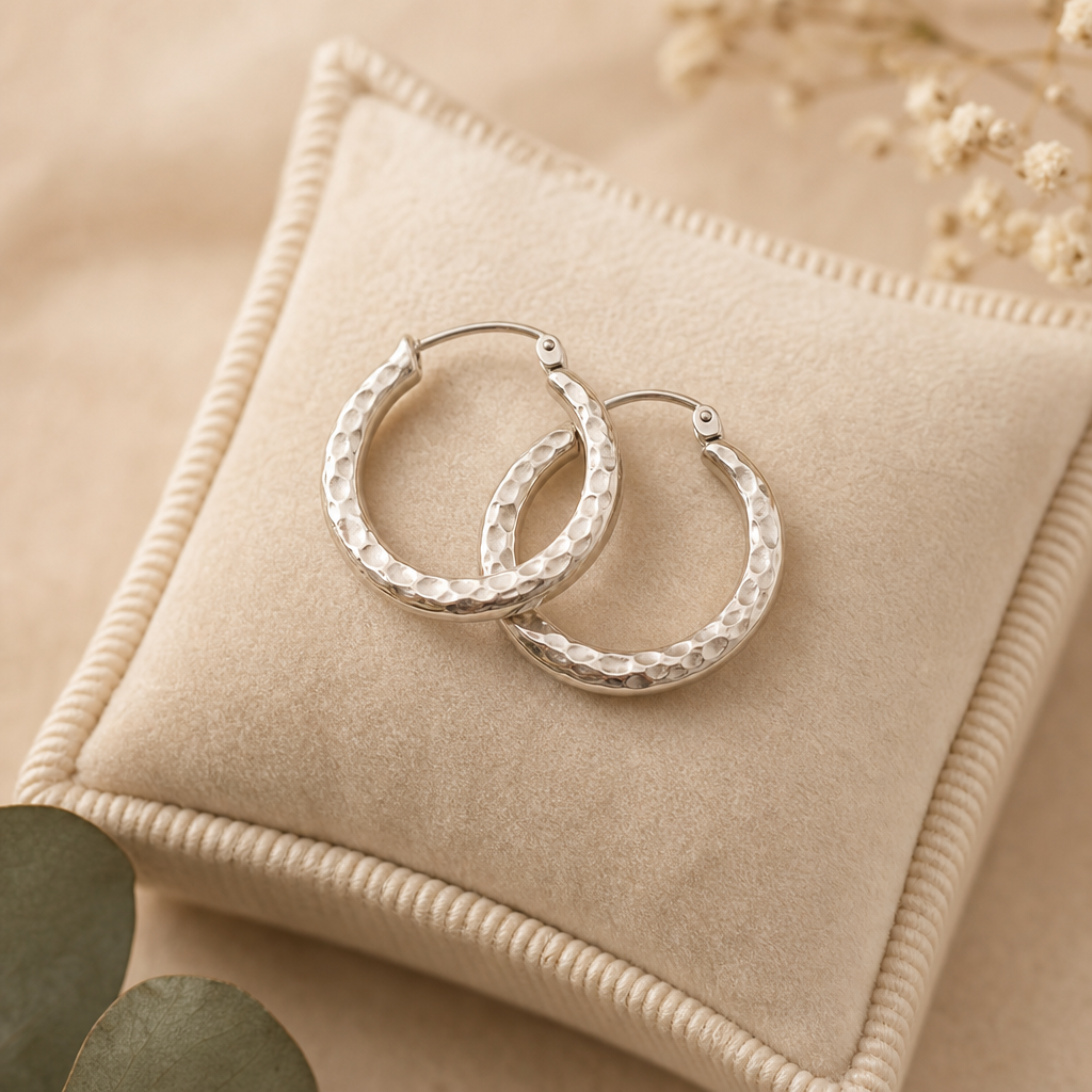 Close-up of hammered silver hoop earrings resting on a small velvet cushion
