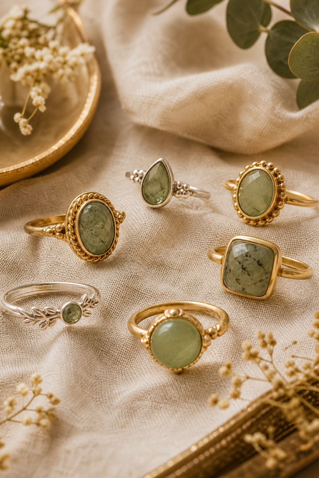 Handmade sage-toned gemstone rings arranged on natural linen with warm studio light