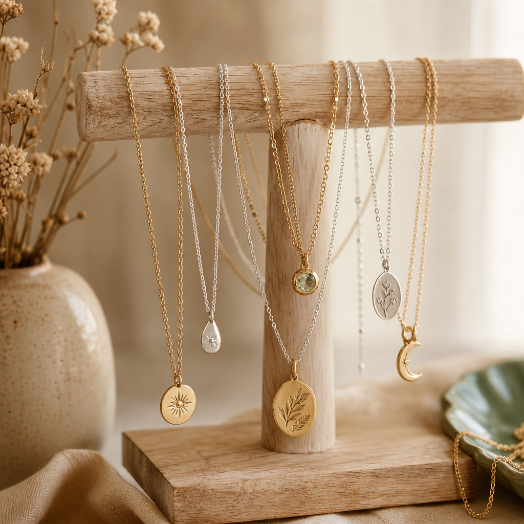 Layered gold and silver handmade necklaces draped over a wooden jewelry stand