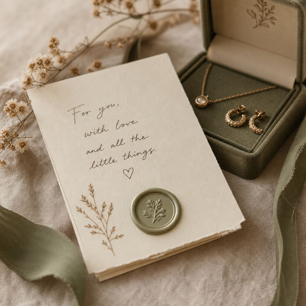 Handwritten gift note card with a wax seal resting beside a small jewelry box