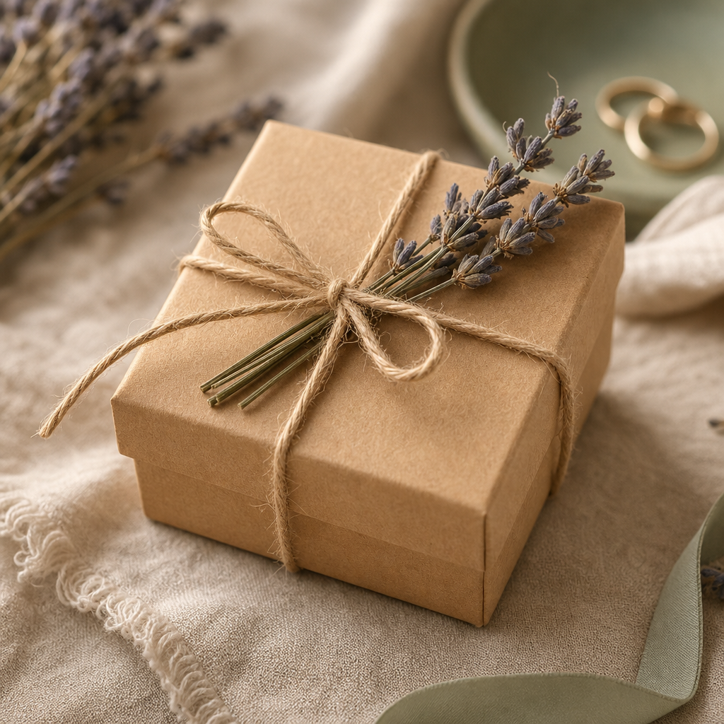 Macro photo of a kraft paper gift box tied with twine and a sprig of dried lavender resting on a linen surface