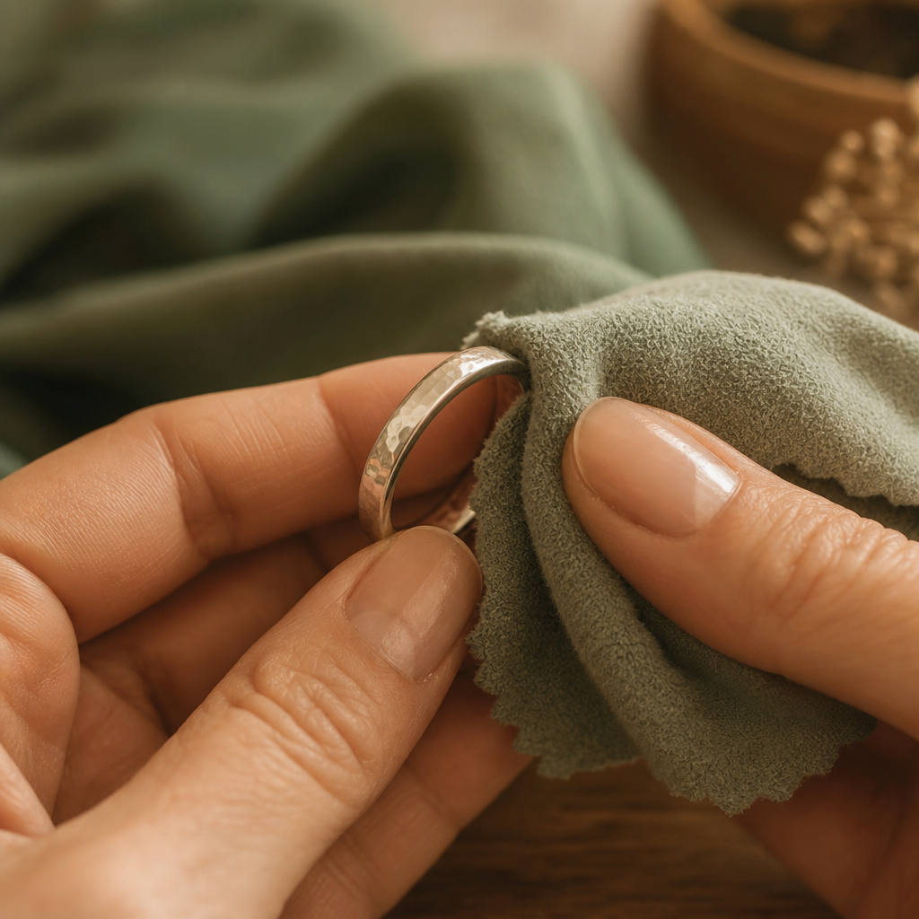 Macro photo of a hand buffing a small silver ring with a soft suede polishing cloth