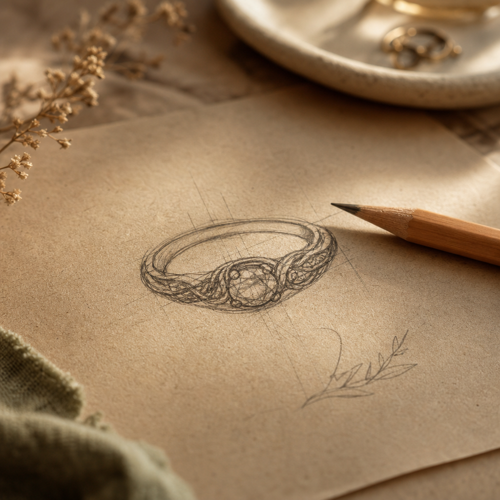 Macro photo of a graphite pencil sketch of a ring design on kraft paper
