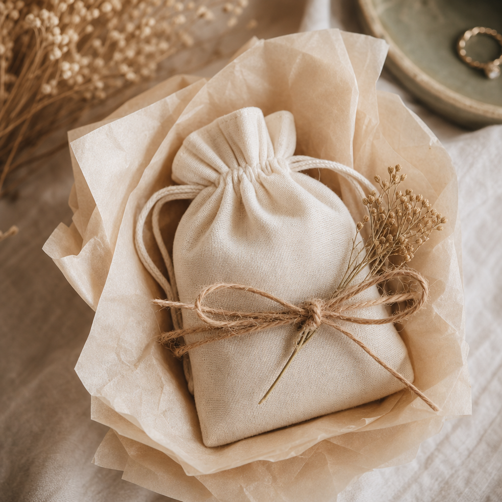 Close-up of a jewelry pouch wrapped in warm neutral tissue paper and tied with twine