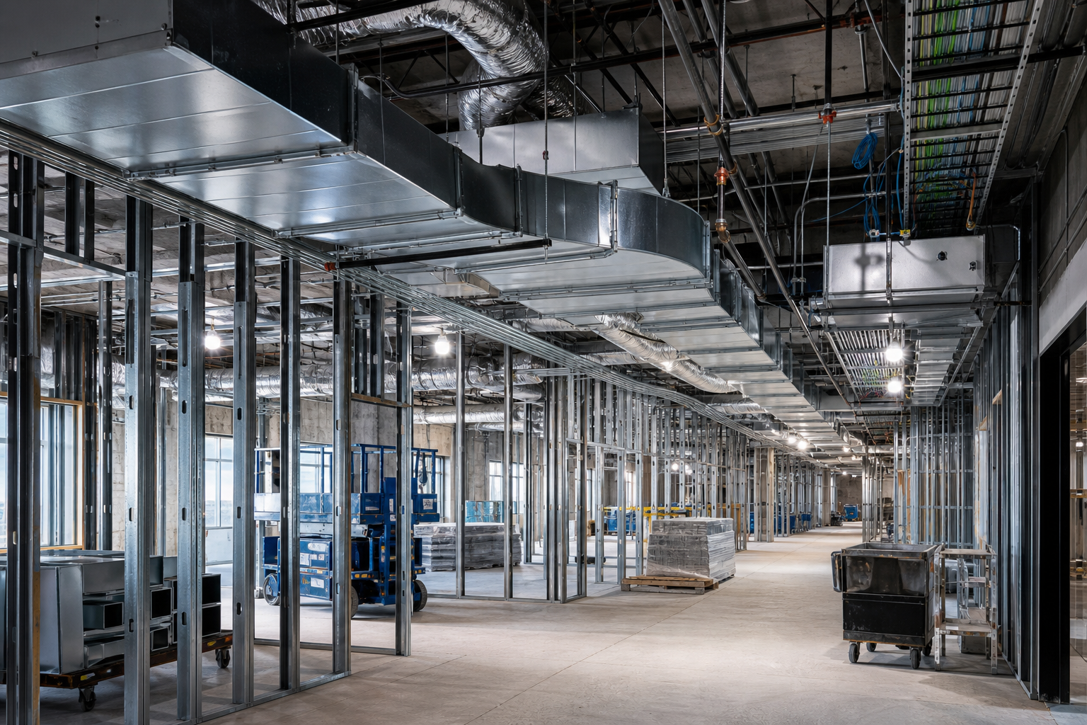 Atmospheric commercial mechanical construction environment with steel framing, ductwork, and coordinated trade activity