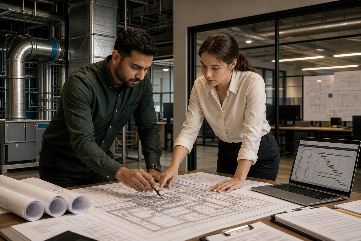 Commercial construction coordination scene with mechanical systems drawings, schedule sheets, and a project team reviewing plans in a modern site office