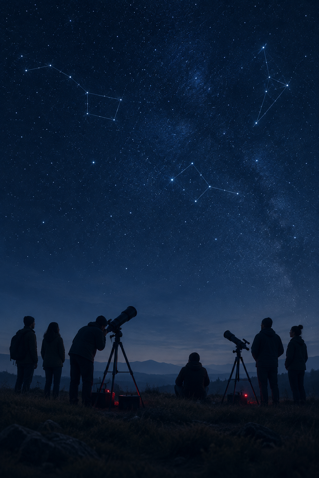 Quiet night field with small astronomy group beside telescope silhouettes under a softly charted sky
