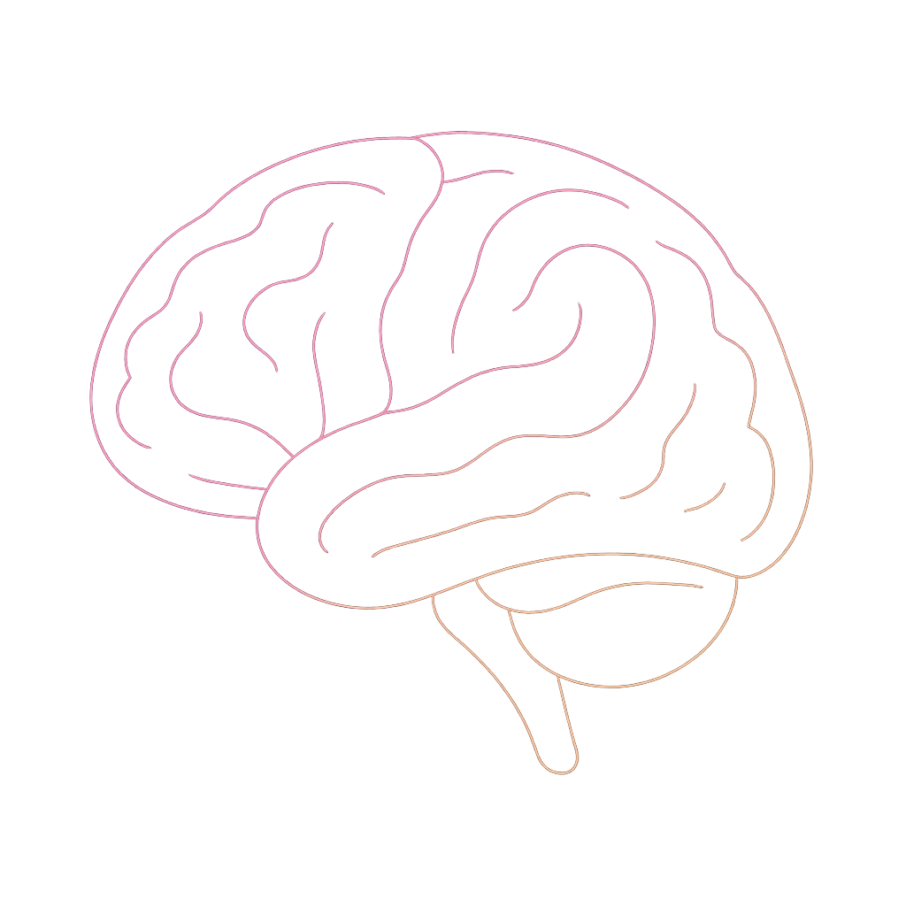 Minimal, elegant human brain outline in thin luminous neon lines, transparent background, slightly vivid but subtle, fits dark near-black UI, not cartoonish