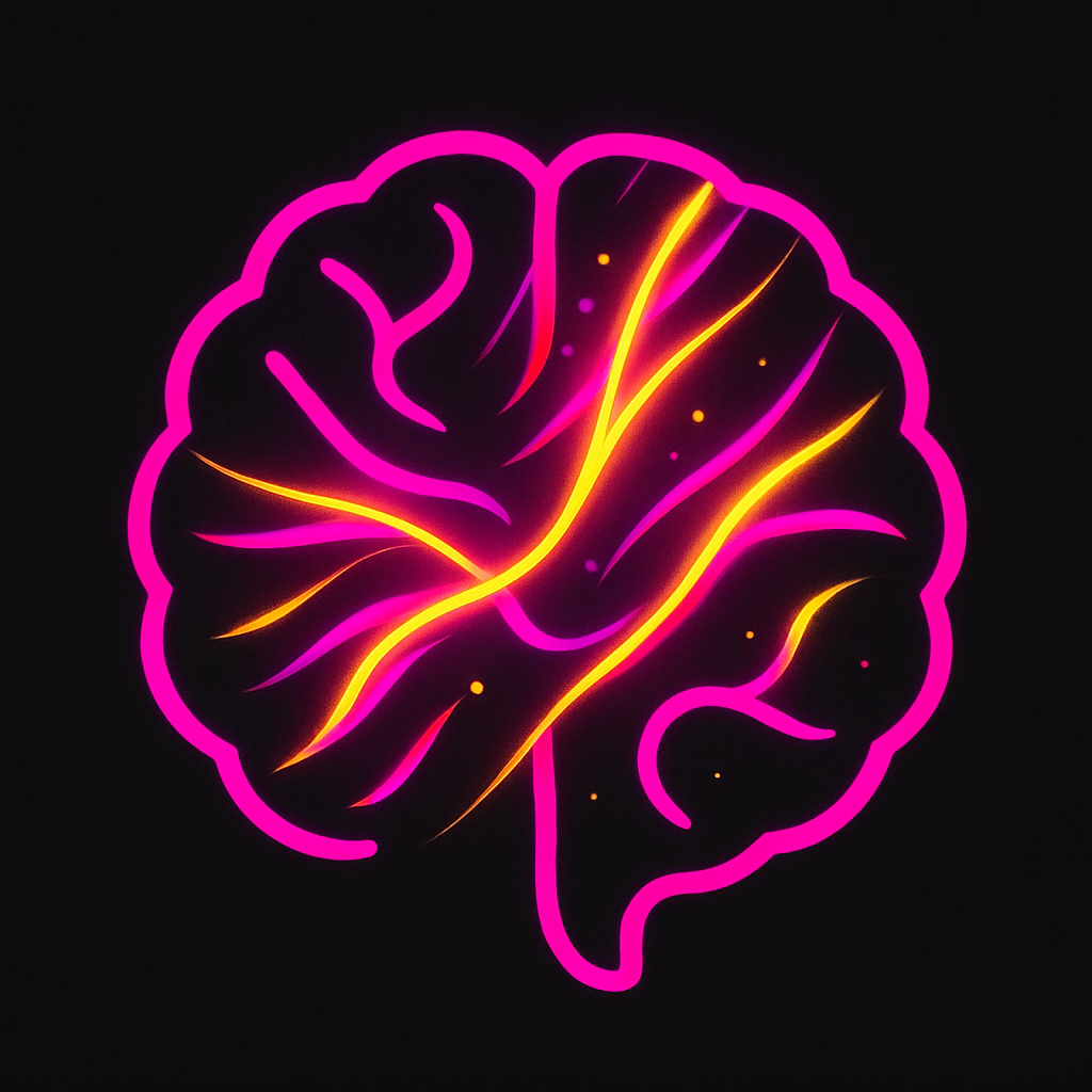 Playful, modern brain icon with high-contrast electric magenta and gold, abstract and bold for a dark background, fits creative neurodivergence theme