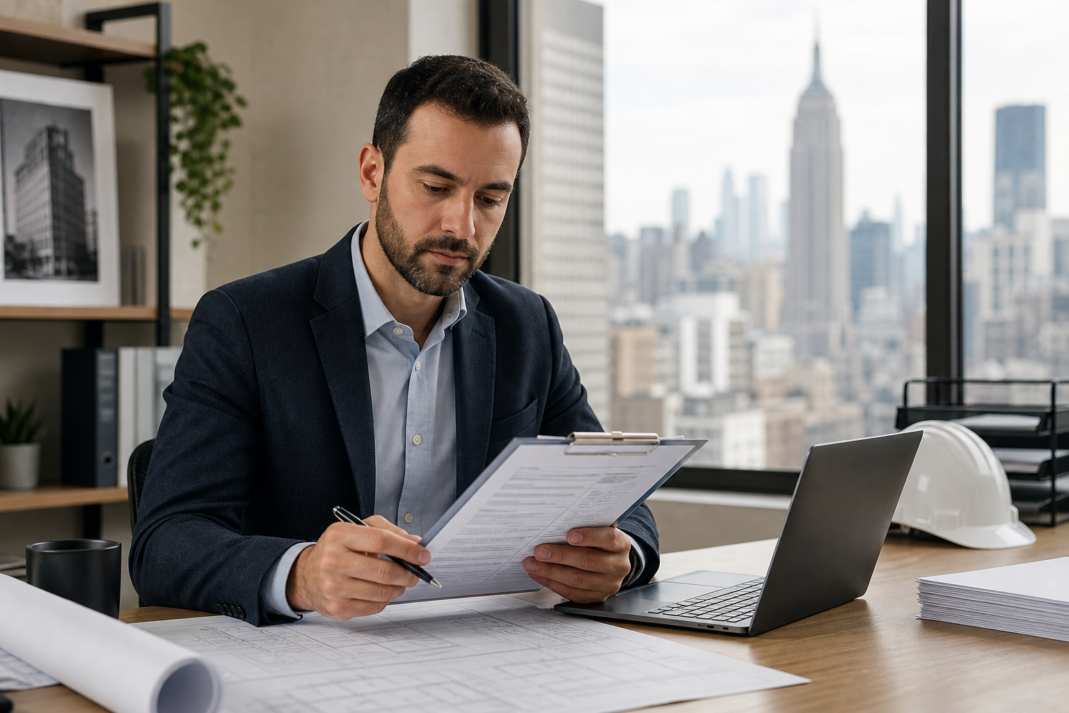 Professional building compliance specialist reviewing NYC violation documents with a city skyline backdrop