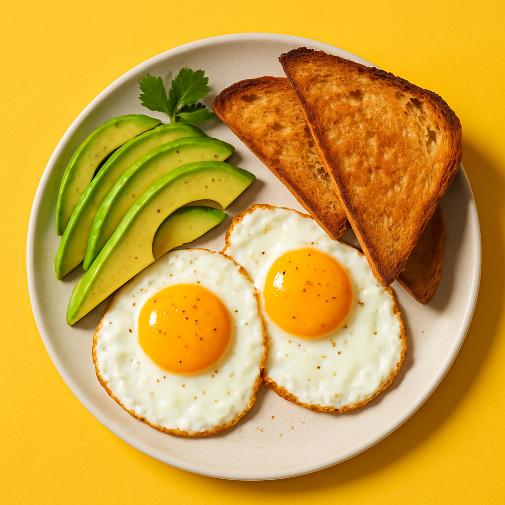 Artfully plated breakfast with eggs, avocado, and toast