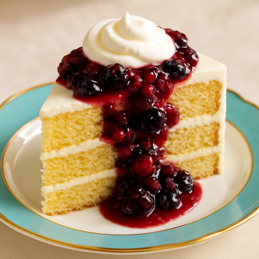 Slice of layer cake with berry compote and cream