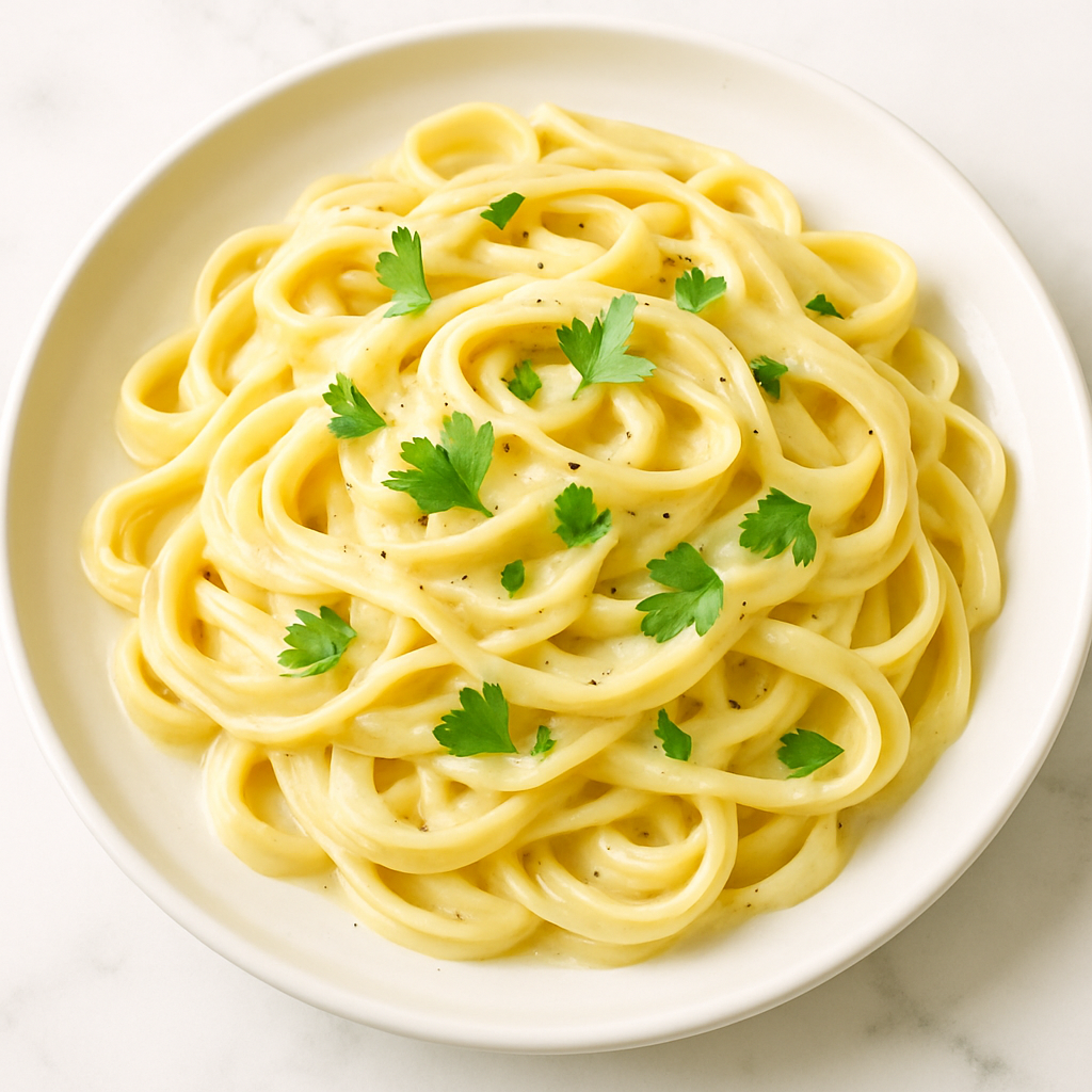 Plate of creamy pasta garnished with fresh herbs