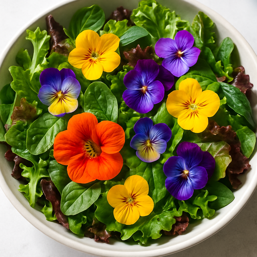 Vibrant mixed greens salad with edible flowers