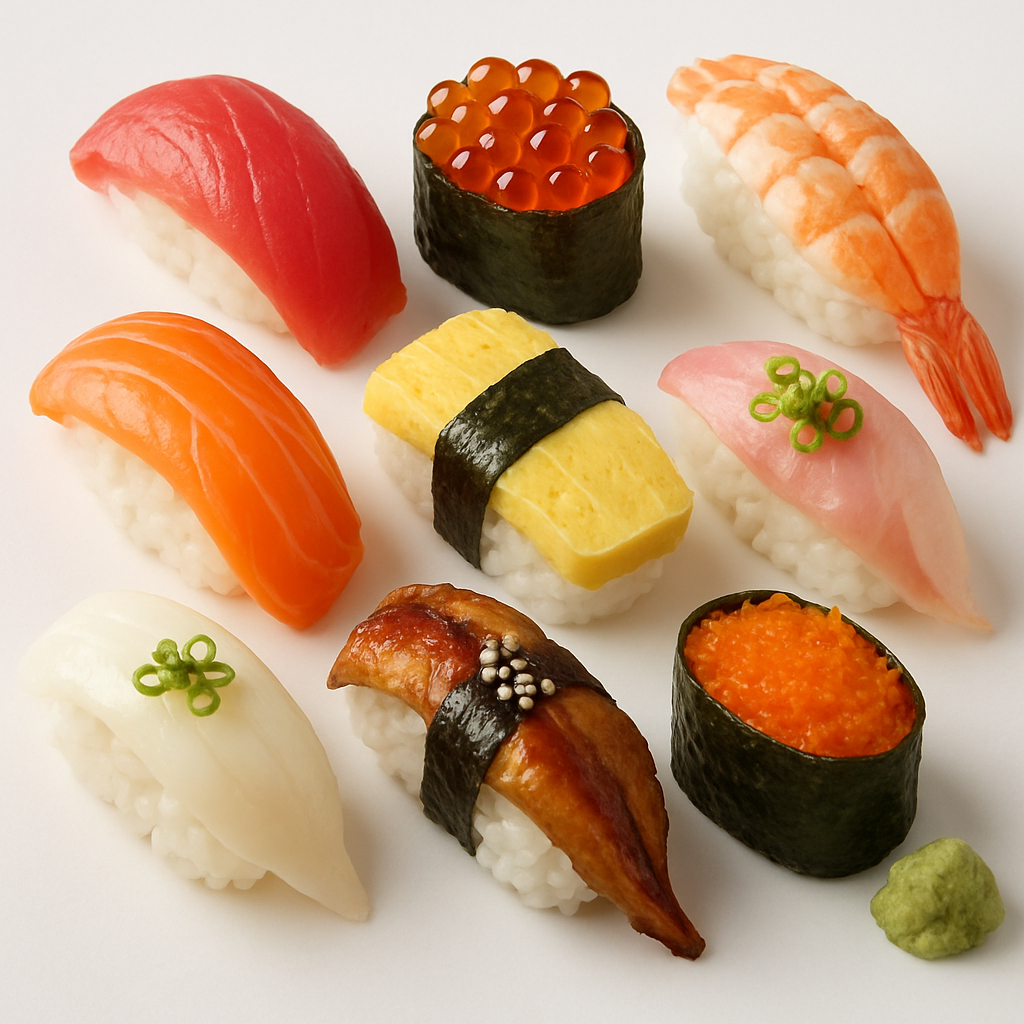 Assorted sushi platter with colorful toppings